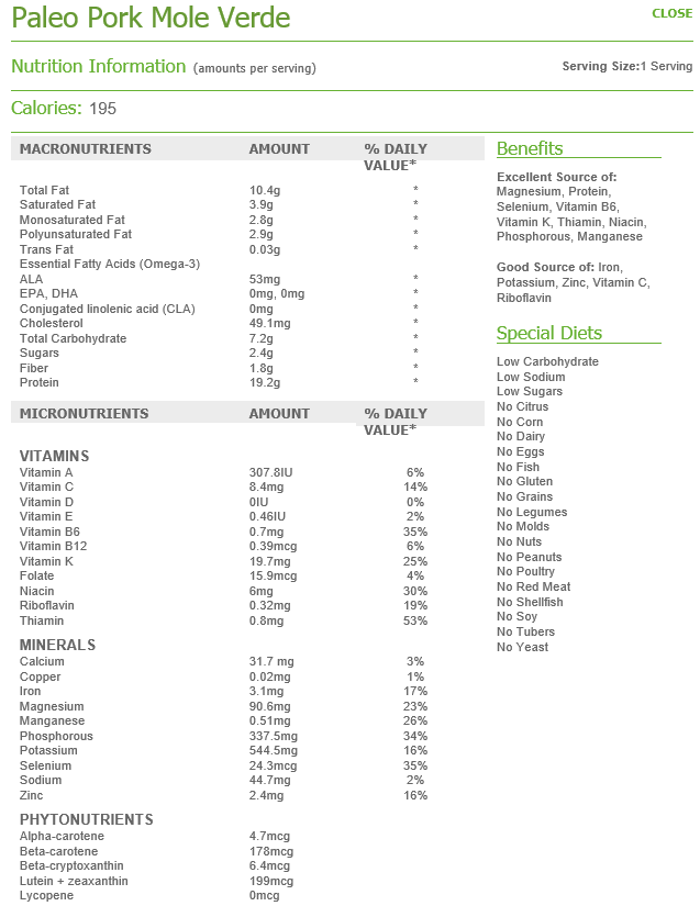 paleo pork mole verde nutrition information