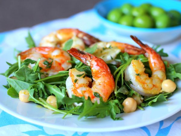 Image from a post with the title: Shrimp and Arugula Salad with Chickpeas.